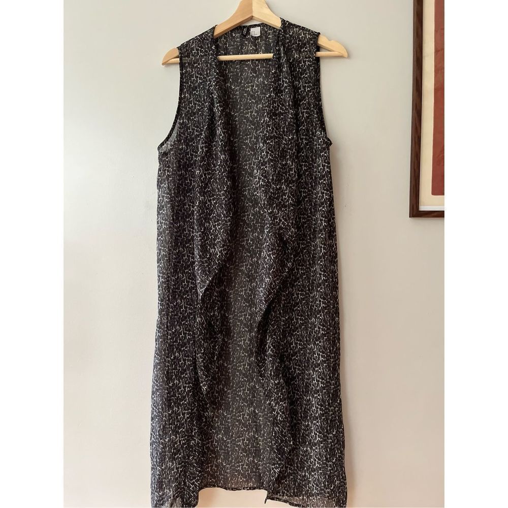 Sleeveless Open-Front Long Vest Jacket - Black/White